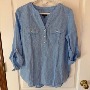 Talbots NWT Small Vneck Partial Button-Down Blue Linen Shirt